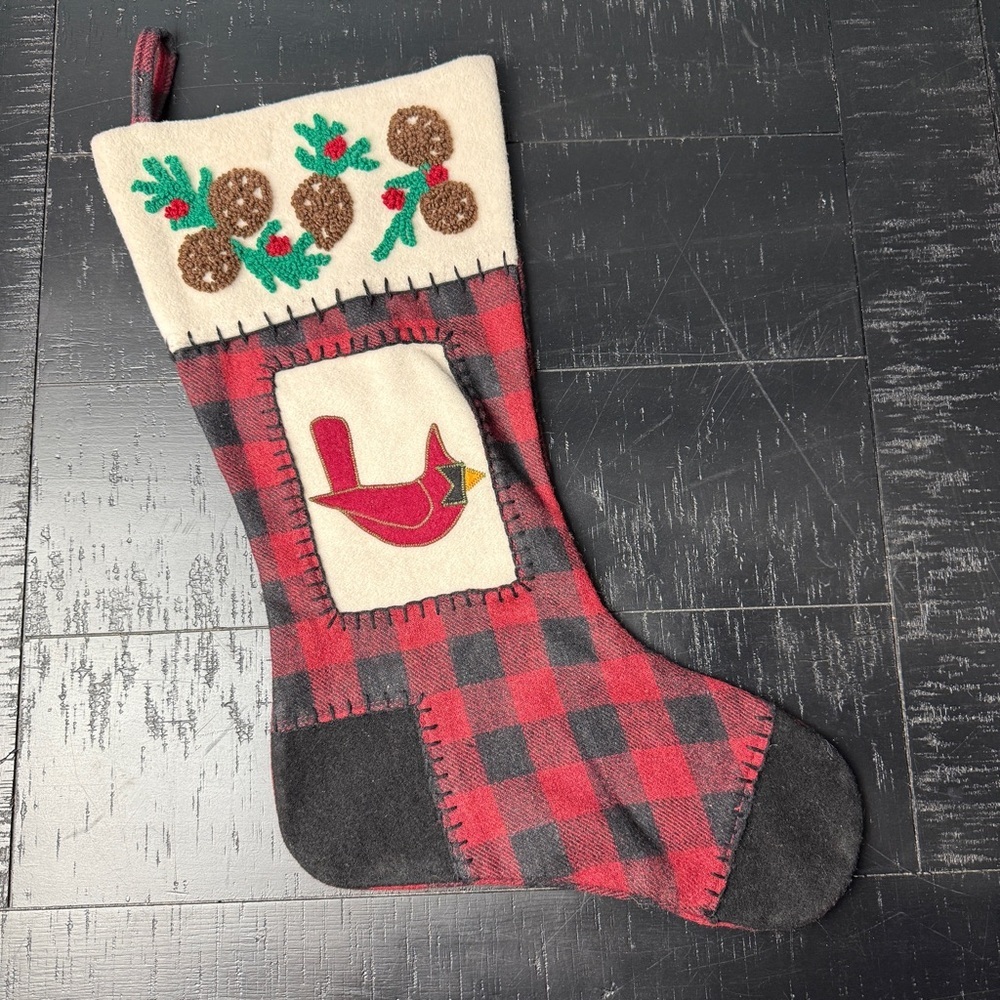 Handmade Red Christmas Stocking Cardinal Buffalo Check 80s Stitch Cuff Holiday